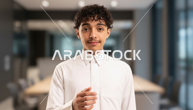 شاب سعودي بالثوب الأبيض في مكتب عمل حديث