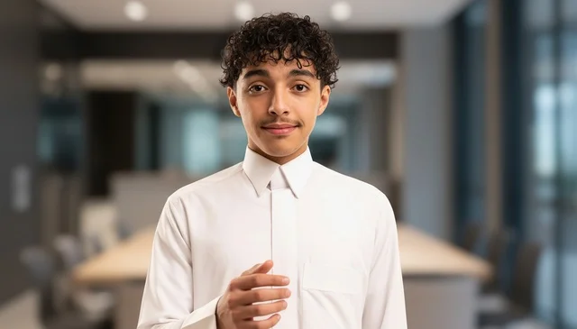 Young Saudi Man in White Thobe in Modern Office