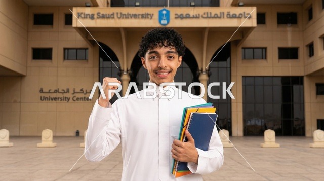 طالب سعودي في جامعة الملك سعود يحمل كتب دراسية