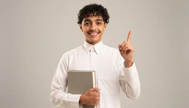 Saudi Man in White Thobe Pointing and Holding Book