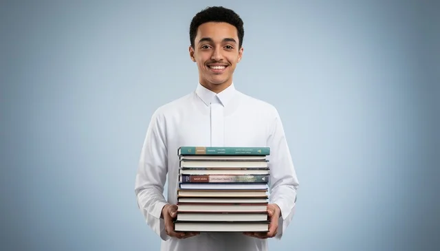 Saudi Student in White Thobe Holding a Stack of Books