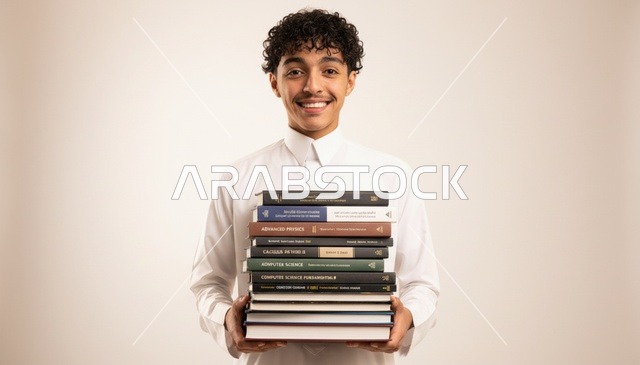 شاب سعودي يرتدي الثوب التقليدي يحمل كومة كتب