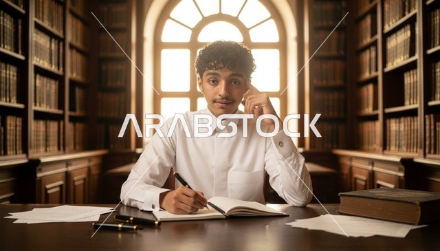 رجل سعودي يكتب في مكتبة كلاسيكية مع أرفف كتب