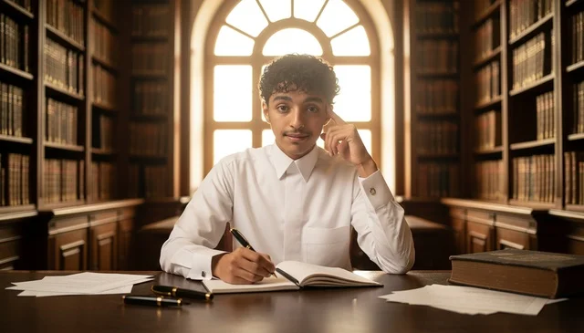 Saudi Man Writing in Classic Library with Bookshelves