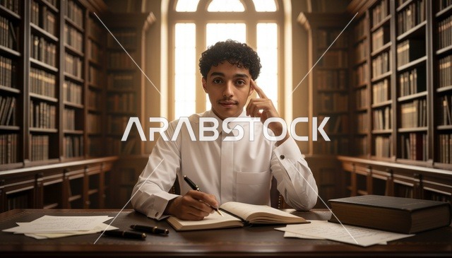 رجل سعودي بالثوب الأبيض يكتب في مكتبة كلاسيكية