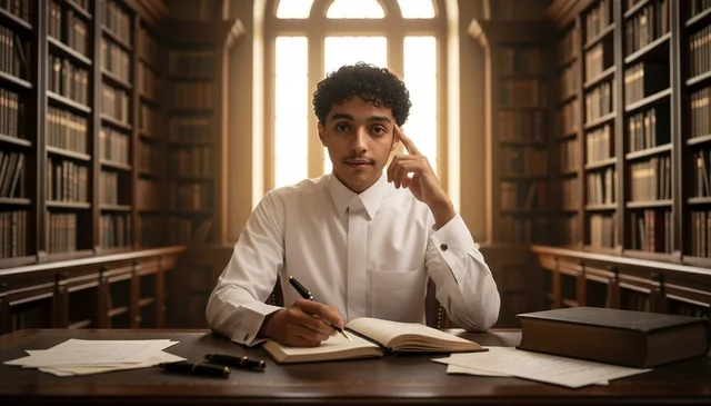 Saudi Man in White Thobe Writing in Classic Library