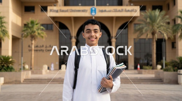 طالب سعودي في جامعة الملك سعود يحمل كتبا دراسية
