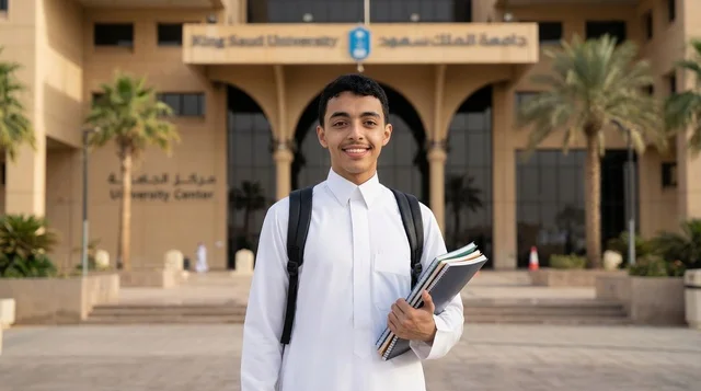طالب سعودي في جامعة الملك سعود يحمل كتبا دراسية