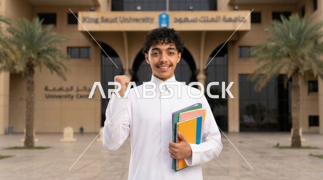 طالب سعودي في جامعة الملك سعود يحمل دفاتر