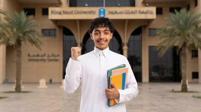 Saudi Student at King Saud University Holding Notebooks