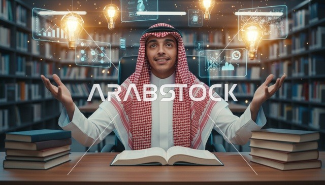 رجل سعودي في مكتبة مع أيقونات الابتكار الرقمي