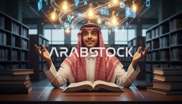 شاب سعودي في مكتبة مع ابتكار رقمي إبداعي