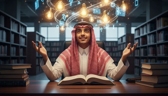 Saudi Man in Library with Creative Digital Innovation