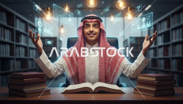 شاب سعودي في المكتبة مع أيقونات البيانات الرقمية