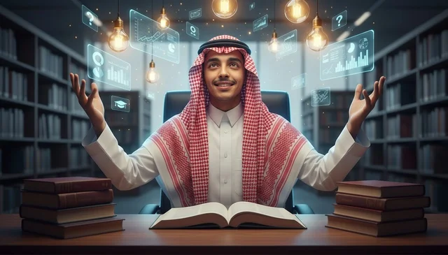 شاب سعودي في المكتبة مع أيقونات البيانات الرقمية