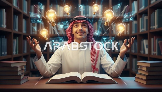 رجل سعودي في مكتبة مع رموز الابتكار والتعليم الرقمي