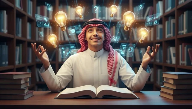 رجل سعودي في مكتبة مع رموز الابتكار والتعليم الرقمي