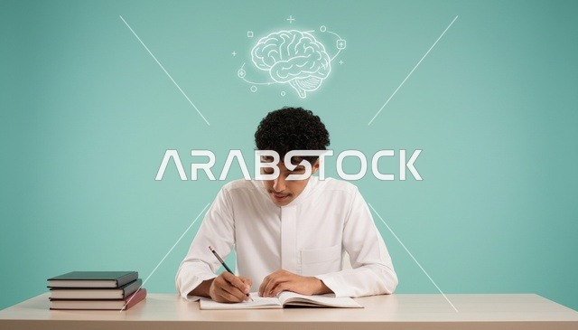طالب سعودي بالثوب يكتب مع رسم توضيحي للدماغ