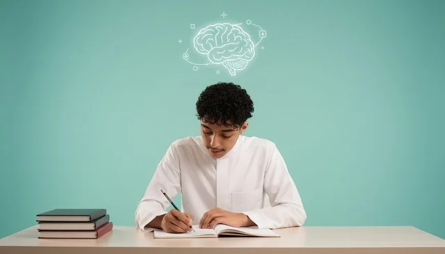 طالب سعودي بالثوب يكتب مع رسم توضيحي للدماغ