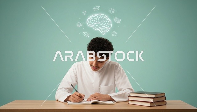 طالب سعودي بالثوب الأبيض يدرس مع أيقونة الدماغ