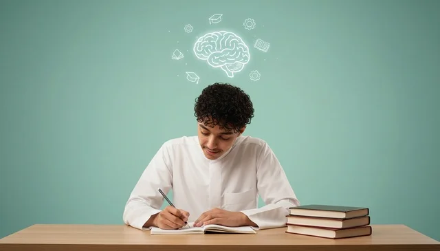 طالب سعودي بالثوب الأبيض يدرس مع أيقونة الدماغ
