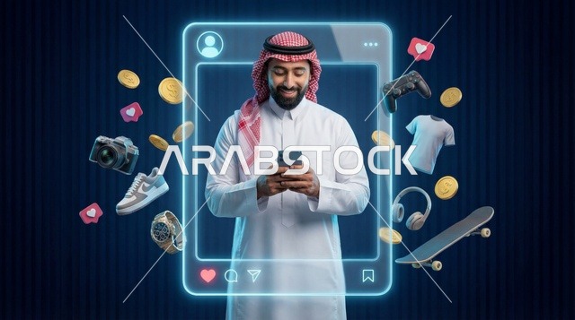 رجل سعودي يستخدم الهاتف الذكي مع أيقونات التواصل الاجتماعي