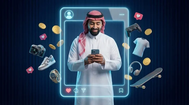 رجل سعودي يستخدم الهاتف الذكي مع أيقونات التواصل الاجتماعي