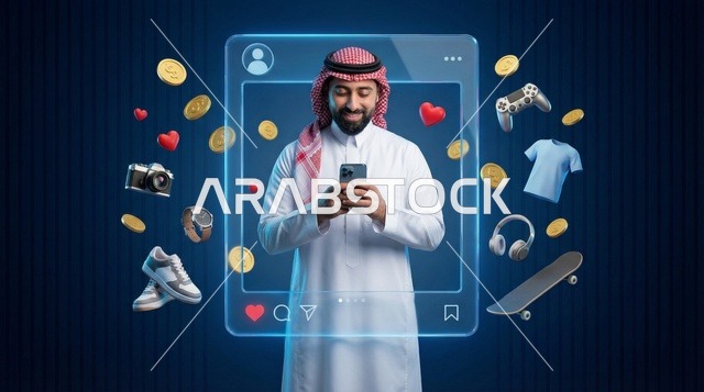 رجل سعودي يستخدم الهاتف الذكي مع أيقونات رقمية