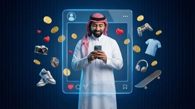 رجل سعودي يستخدم الهاتف الذكي مع أيقونات رقمية