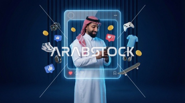 رجل سعودي يستخدم الهاتف الذكي مع أيقونات رقمية تسويقية