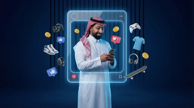 رجل سعودي يستخدم الهاتف الذكي مع أيقونات رقمية تسويقية رجل سعودي يستخدم الهاتف الذكي مع أيقونات رقمية تسويقية