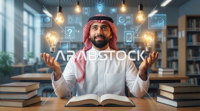 رجل سعودي في مكتبة مع رموز الابتكار والتعليم
