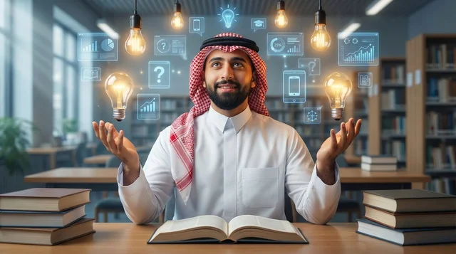 Saudi Man in Library with Innovation Light Bulbs