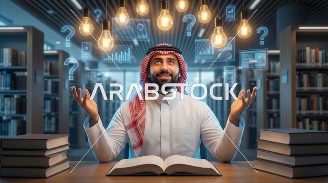 رجل سعودي في المكتبة مع بيانات رقمية مبتكرة