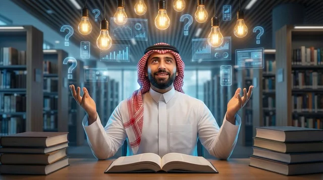 رجل سعودي في المكتبة مع بيانات رقمية مبتكرة