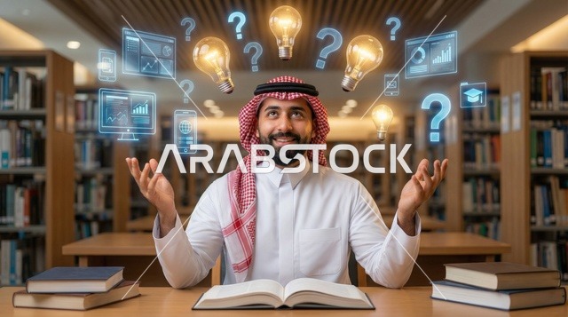 رجل سعودي في المكتبة مع رموز الابتكار والتعليم الرقمي
