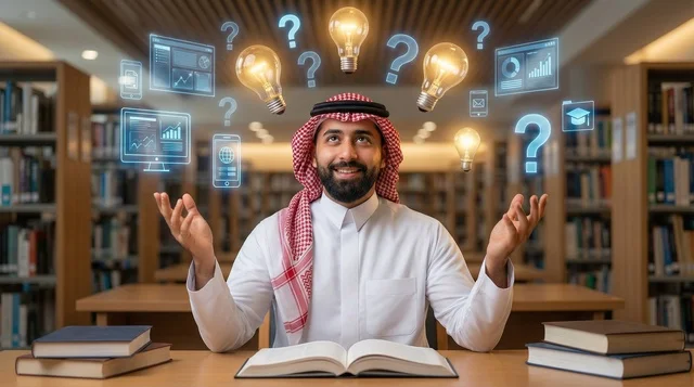 رجل سعودي في المكتبة مع رموز الابتكار والتعليم الرقمي