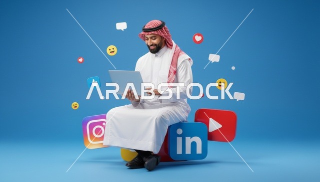 رجل سعودي يعمل على المحمول فوق أيقونات التواصل