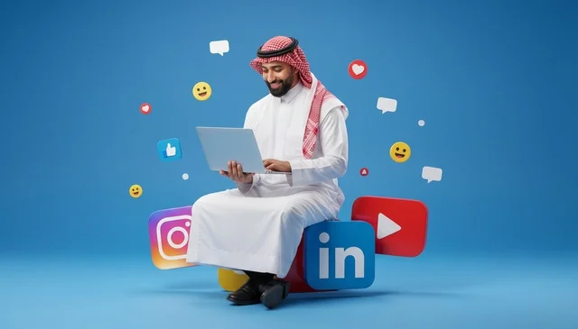 Saudi Man Working on Laptop Over Social Media Icons
