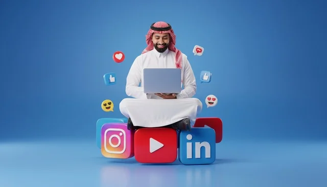 Saudi Man on Social Media Icons with Laptop