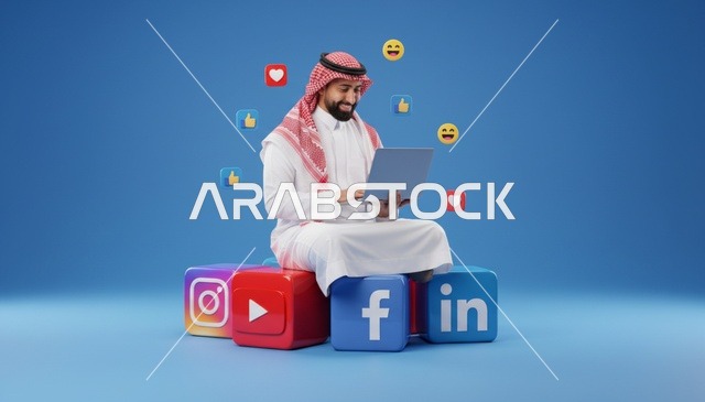 رجل سعودي يستخدم الحاسوب المحمول مع أيقونات التواصل الاجتماعي