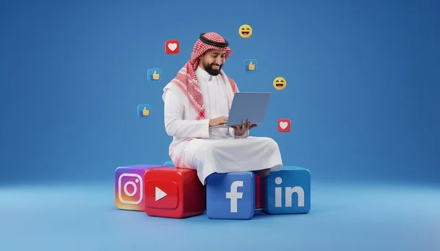 Saudi Man Using Laptop with Social Media Icons Blue Background