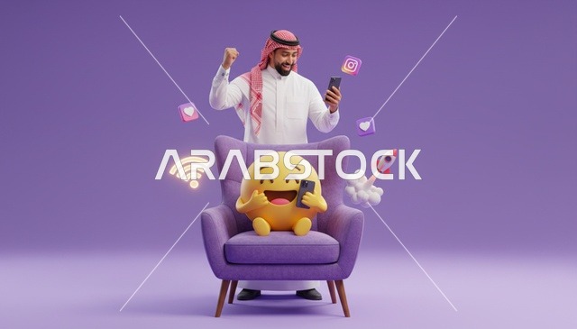 رجل سعودي مع هاتف ذكي وأيقونات التواصل الاجتماعي