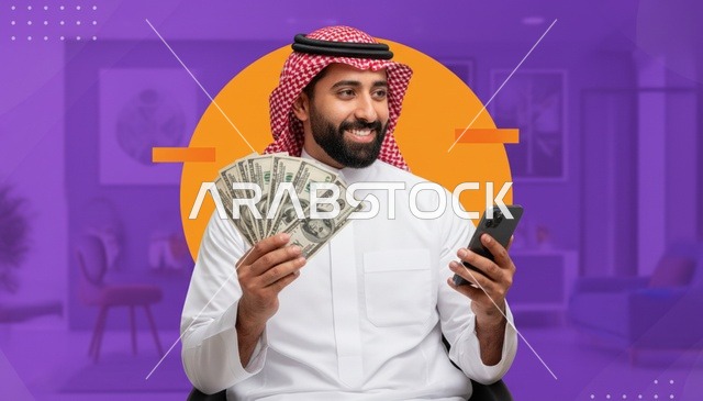 رجل سعودي يحمل دولارات أمريكية وهاتف ذكي