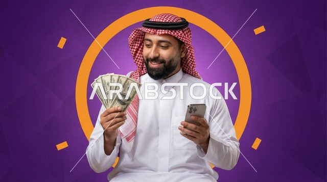 رجل سعودي يمسك دولارات وهاتف ذكي