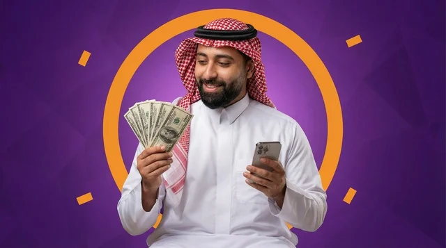 Saudi Man Holding US Dollars and Smartphone