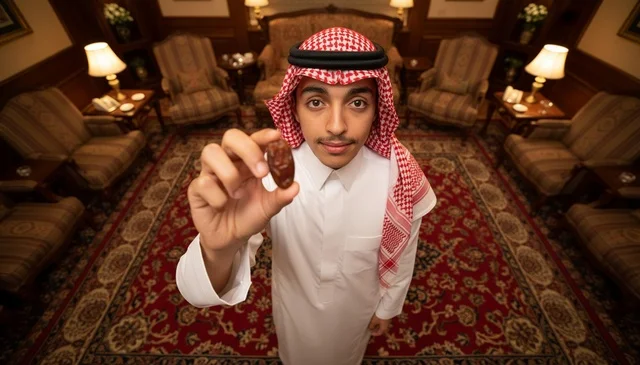 Saudi Man in Traditional Thobe Holding Date in Majlis