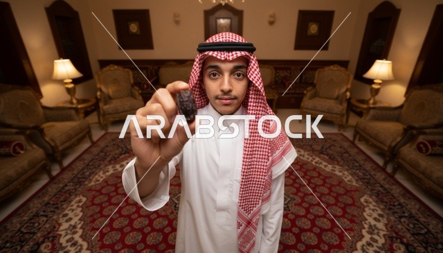 رجل سعودي بالزي التقليدي يمسك حبة تمر في مجلس