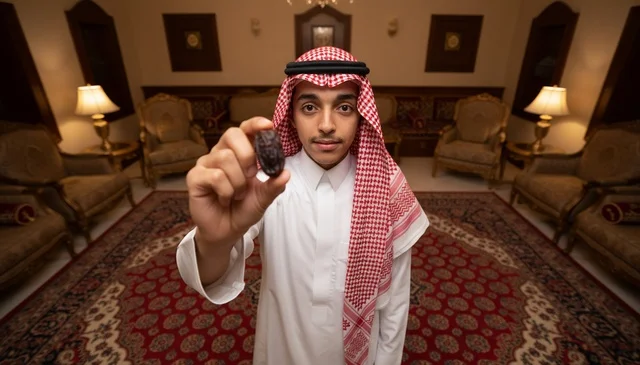 رجل سعودي بالزي التقليدي يمسك حبة تمر في مجلس
