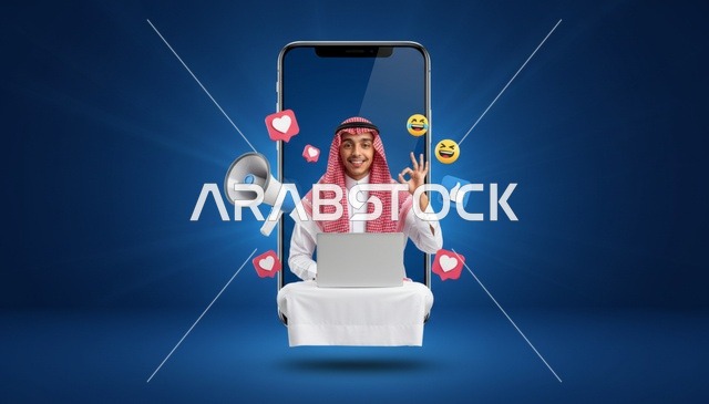رجل سعودي يستخدم الهاتف الذكي مع أيقونات التواصل الاجتماعي